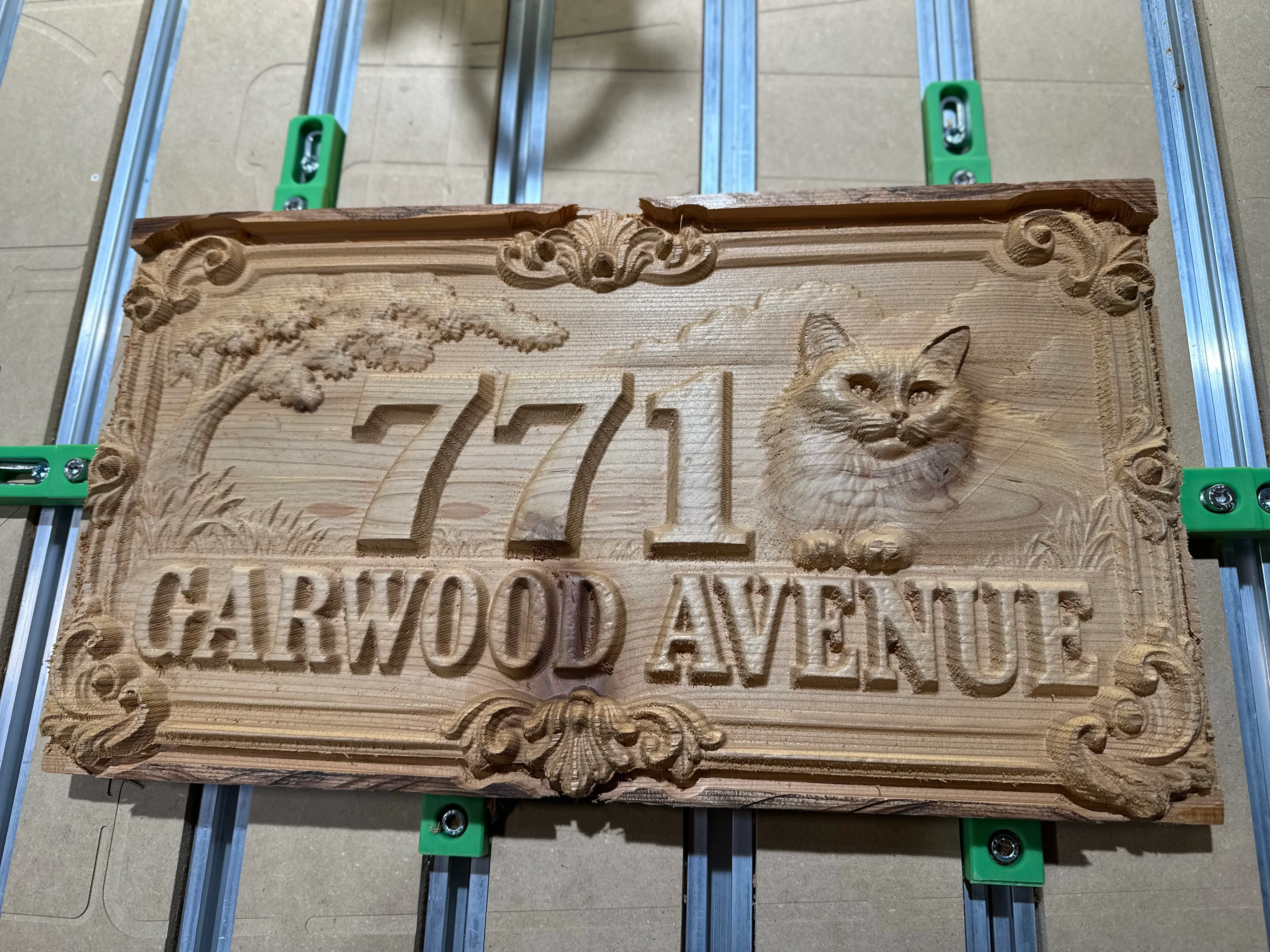 Victorian Pet sign with a carved cat